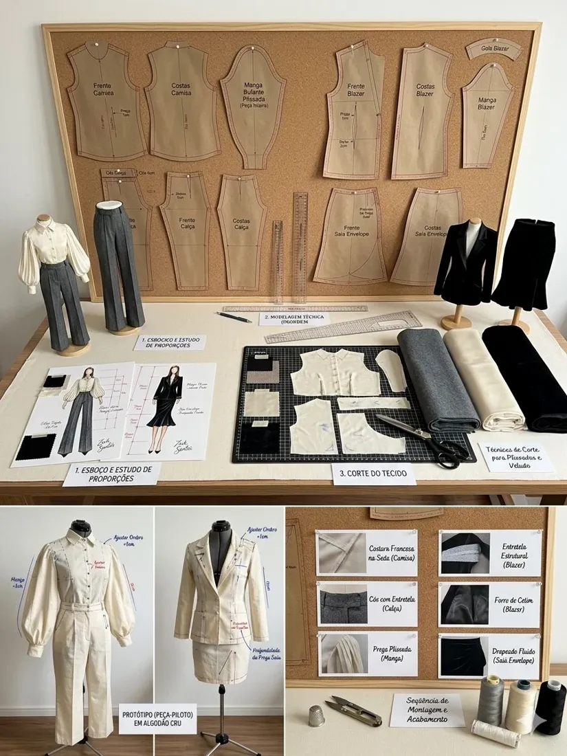 Moodboard da coleção: moldes, tecidos, croquis e peças em construção